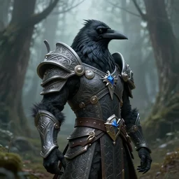 photography of a male anthropomorphic crow fursona dressed as a valkyrie in a misty forest, deep focus, d & d, fantasy, intricate, elegant, highly detailed, digital painting, artstation, concept art, matte, sharp focus, illustration, hearthstone, art by artgerm and greg rutkowski and alphonse mucha