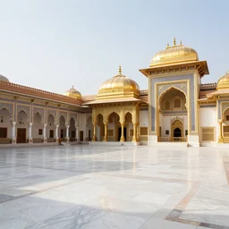 Palace courtyard in a Indo-Persian city of unfathomable wealth and luxury. gold, bronze, white, and red, a fantasy digital painting by Greg Rutkowski and James Gurney, trending on Artstation, highly detailed