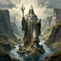A large statue of a wizard guarding a river valley, landscape art, concept art, intense, fantasy, inspiring