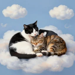 a fat black and white male cat and a slim tortoiseshell female cat sleeping peacefully together in cat heaven, dreamy puffy clouds, painted by Tyler Edlin