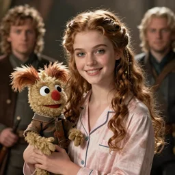 detailed ultrarealistic photography medium shot of fantasy young queen in pajama and furry muppet puppet leyendecker, norman rockwell, greg rutkowski, artstation cinematic, vray game of thrones, lord of the rings, star wars