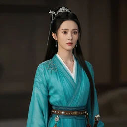 portrait of a beautiful female warrior in a turquoise dress, cinematic lighting, establishing shot