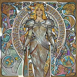 front facing symmetrical centered portrait, Imogen Poots as a Paladin, blonde hair, Art Nouveau, Arcane art style, fantasy concept art by Tomer Hanuka, cgsociety, vanitas, ilya kuvshinov, Mucha, 2d game art