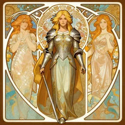 front facing symmetrical centered portrait, Imogen Poots as a Paladin, blonde hair, Art Nouveau, Arcane art style, fantasy concept art by Tomer Hanuka, cgsociety, vanitas, ilya kuvshinov, Mucha, 2d game art