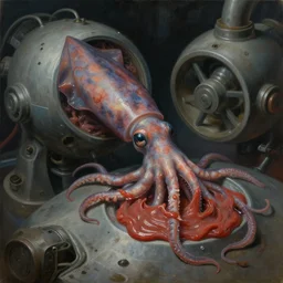 a perfect hyperrealist painting of a creature. part man, part squid, in a machine taht is gradually crushing them into a smooth paste. fine art, gallery lighting, solemn, and exquisite