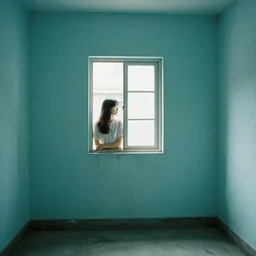 young woman staring out small window in turquoise wall in empty room, 2 0 0 2 digital camera photo, liminal space, washed out, soft light, melancholy, nostalgia, cursed image, dreamlike