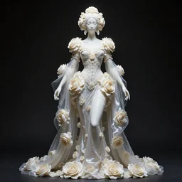 alone with herself wonderful symmetrical beautiful albino goddess with a beautiful porcelain body dressed with a majestic semi transparent silk cream roses long dress, hightly ornate, intricate, detailed, dramatic light, award winning, octane render, meredit frampton style