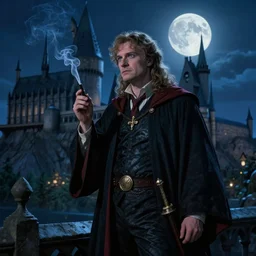 Captain Sam Vimes mistrustfully smokes as the guardian of Hogwarts School of Witchcraft and Wizardry, at midnight, full moon, blue tones, detailed, hyperrealistic, colorful, cinematic lighting,  digital illustration by Paul Kidby