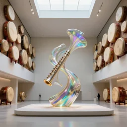 an art museum whose architecture is inspired by drum and flute instrument pieces, iridescent dynamic sculpture centered, raytracing ar 1 6 : 9