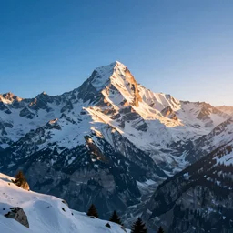 swiss alps with majestic mountains and dramatic sunrise and beautiful blue skies, unreal engine, 7 0 mm lens no blur, hdr shot, bright and clear