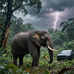 elon musk as an elephant, rainforest, tesla, rain, thunder, trees, foliage