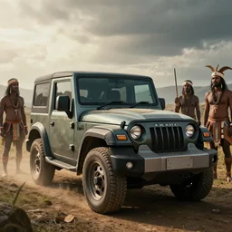 Mahindra Thar with tribe members nearby, an epic fantasy, dramatic lighting, cinematic, establishing shot, extremely high detail, photorealistic, cinematic lighting, artstation, by simon stalenhag, horizon forbidden west