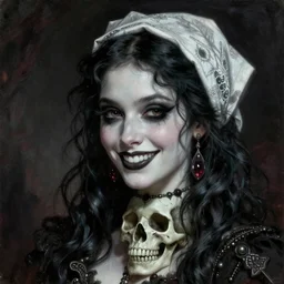 an attractive beautiful charming smiling fancy undead skull lady with with a handkerchief on the head by dan mumford and gil elvgren