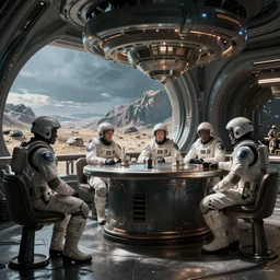 sci-fi cinematography of space soldiers sitting in an alien bar. By Emmanuel Lubezki