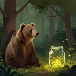 a grizzly bear sitting next to a tree and staring at a jar filled with fireflies, digital art