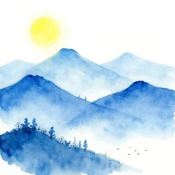 water color painting of layered blue mountains with a white background, a bright yellow sun, and very happy trees and birds. in the style of bob ross. cold hue radiant light.