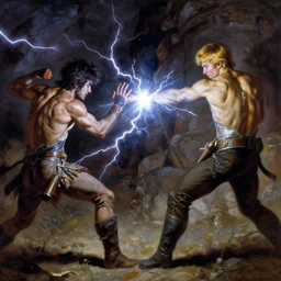 a man with short blonde hair shooting lightning bolts at his enemy in battle. detailed matte painting. masterpiece. 4 k. fantasy art. by craig mullins. franzetta. repin