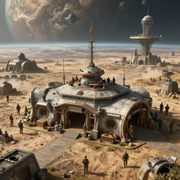 a beautiful hyperrealistic detailed digital render of a low tech militia outpost on a distant planet by simonetti, by frazetta, by jean giraud, epic scale, pristine, intricate, multiple wide angles, trending on artstation, volumetric lighting, micro details, hdr, 8 k