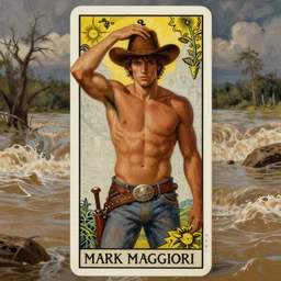 a dramatic, epic, ethereal tarot painting of a handsome!! brown shirtless cowboy | background is a torrential flooding river | (((cowboy is wearing a hat))) | tarot card, art deco, art nouveau | by Mark Maggiori | trending on artstation