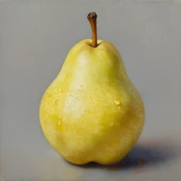 a hyper-realistic oil painting of a pear; hyper-detailed; an extraordinary masterpiece!!!; flawless; trending on artstation
