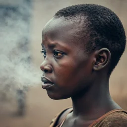 profile 3 / 4 face realistic photography of a african woman 3 5 years old, short hair, few wrinkles around eyes, cinematographic, street photography in rwanda, cinematic light, close up view, grainy image, intense, smoke and fog around, filth and grim, 5 0 mm lens