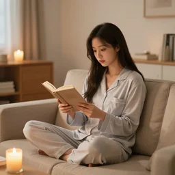 nayeon reading a book in a cozy living room, wearing pajamas, sitting on a couch, 3 5 mm, f / 2. 8, candle light