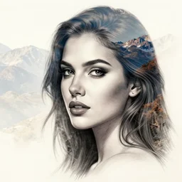 realistic tattoo sketch of a beautiful woman face double exposure with amazing mountain scenery
