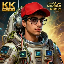 hyperrealist portrait of a young middle eastern american man wearing black wayfarer glasses and red baseball cap that is dressed as a spaceship engineer, it is decorated with long wires that fall like vines within the spaceship and wears small computers over their body. by jeremy mann and alphonse mucha, fantasy art, photo realistic, dynamic lighting, artstation, poster, volumetric lighting, very detailed faces, 4 k, award winning