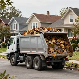 a single dump truck full of leaves on a populated suburban street with beautiful homes in the background, 4 k, trending on artstation, award - winning, art by greg rutkowski and james gurney