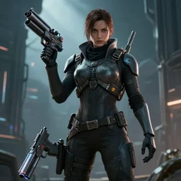 spy sci fi character for game with guns, futuristic, dramatic unreal