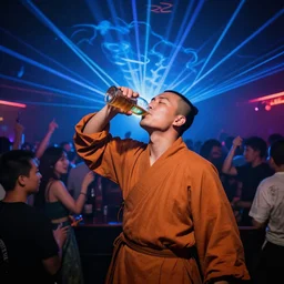 a shaolin warrior monk drinking a beer at crowded nightclub, 8 k, laser show with blue cloud patterns,