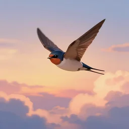 a house martin flying in the sky, sunset, cute delichon urbicum,  fluffy clouds, beautiful digital art, pixiv