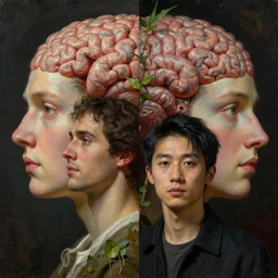 technology vs nature, split in half, the truly amazing part about this is that it increasingly appears our cortical evolution reflects this emergent tension, photorealistic portrait by michael komarck, greg rutkowski, victo ngai, artgerm, willem claesz heda and j. dickenson