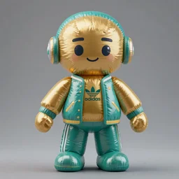 accurate detailed pvc inflated gold & teal colored puffy action figure fashion god, full body, futuristic, concept art, character only, detailed art, adidas streetwear, figurine!!!, studio lighting, grey background, no shadow, trending on artstation, 4 k, sharp, highly - detailed, focus on face!!!