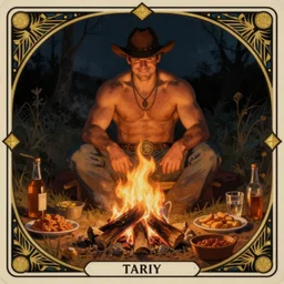 a dark ethereal painting of a handsome thicc shirtless cowboy sitting behind a campfire at night. in front of the campfire is an assortment of food and beverages. the man is smirking mischievously. tarot card, art deco, art nouveau. trending on artstation.