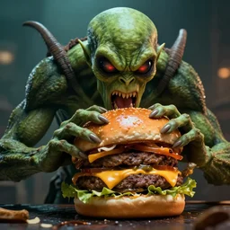 Cthulhu eating a cheeseburger, photo realistic, award-winning, highly-detailed, epic, cinematic, dramatic