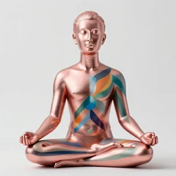 incredible rose gold by john duncan. a conceptual art of a man with a large head, sitting in a meditative pose. his eyes are closed & he has a serene look on his face. his body is made up of colorful geometric shapes & patterns that twist & turn in different directions.