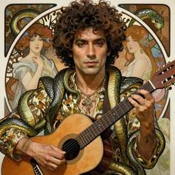 realistic detailed face portrait of Carlos Santana playing guitar with snakes around and evolving from his body by Alphonse Mucha, Ayami Kojima, Amano, Art Nouveau, rich deep moody colors
