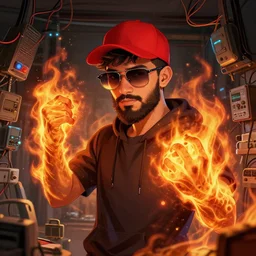 character art by ruan jia, young ducktail bearded middle eastern american male wearing wayfarer glasses and red baseball hat, on fire, fire powers, room filled with wiring and electronics