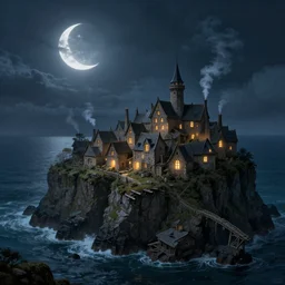 A medieval fantasy village on the side of a cliff by the ocean , crescent moon, light glowing from windows at night, smoke from chimneys concept art by James Paick