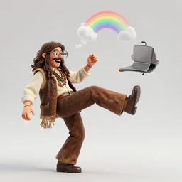 a picture of a laughing subgenius - salesman kicking a long hair glasses hippie, rainbow smoke, a detailed matte painting by mort kunstler, pixiv, kitsch movement, dallas background, movie poster, official art