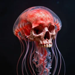 a red human skull embraced by the tendrils of a jellyfish