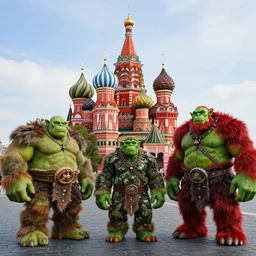 moscow in style of world of warcraft orgrimmar, red square, orc village, green and red orcs in modern camouflage