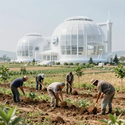 a group of workers planting trees in a rural landscape with glowing clean white sci fi containment building in the distance