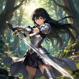 beautiful female knight with sunlight and magic around her swing a sword in enchanted forest, dark flowing hair, anime key visual, absurdly beautiful, highly detailed, sharp focus, concept art, granblue fantasy, anime by serafleur / d pin / rongzhen luo / mingdosa / ruan jia / gemi ningen