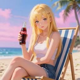 masterpiece portrait of a beautiful fashion anime blond girl hold coke sit on beach chair in mediterranean beach, palm tree, majoy dreamlike sky, cinematic lighting, highly detailed, anime key visual,, beautiful eyes, pretty face, symmetry, sharp focus, illustration, art by artgerm, greg rutkowski, magali villeneuve, wlop, ilya kuvshinov, cryengine,