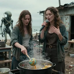 she makes the deep boil. dark fantasy story about two casually - dressed women in a dirty seaside town, a globster, and a beautiful song. color cinematic still from an action - packed 2 0 1 1 hybridizing!! alien - robot invasion science - fiction blockbuster movie ; highly - detailed.