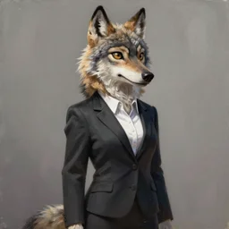 full body oil painting of anthromorphic female wolf, in style of zootopia, female fursona, furry, furaffinity, 4 k, deviantart, furry art, fursona art, wearing black business suit, business suit, wolf fursona, female, very expressive detailed feminine face,