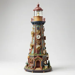 photo still of elaborate, complex miniature lighthouse sculpture by artist takanori aiba, 8 k, highly detailed, colorful, clockwork, intricate, studio lighting bright ambient lighting key light, 8 5 mm f 1. 8