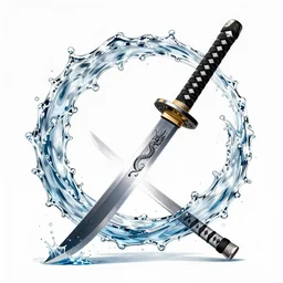Full Katana with Water Blade made only out of flowing and only Water, artstyle from Rzky Dar, the blade is made out of steel with a dragon sigil, a water stream goes like spiral around the blade, white background, raytracing, blade is replaced with water, blade is replaced with water